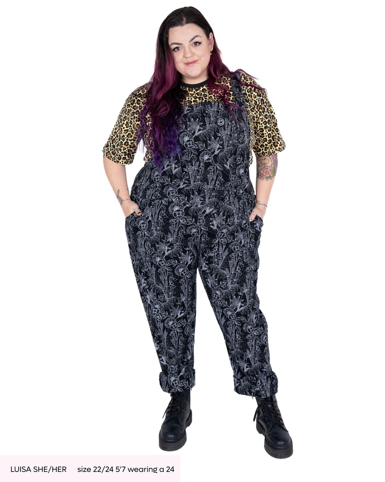 Black Floral Cobweb Print Stretch Cotton Dungarees by Rebel Romance