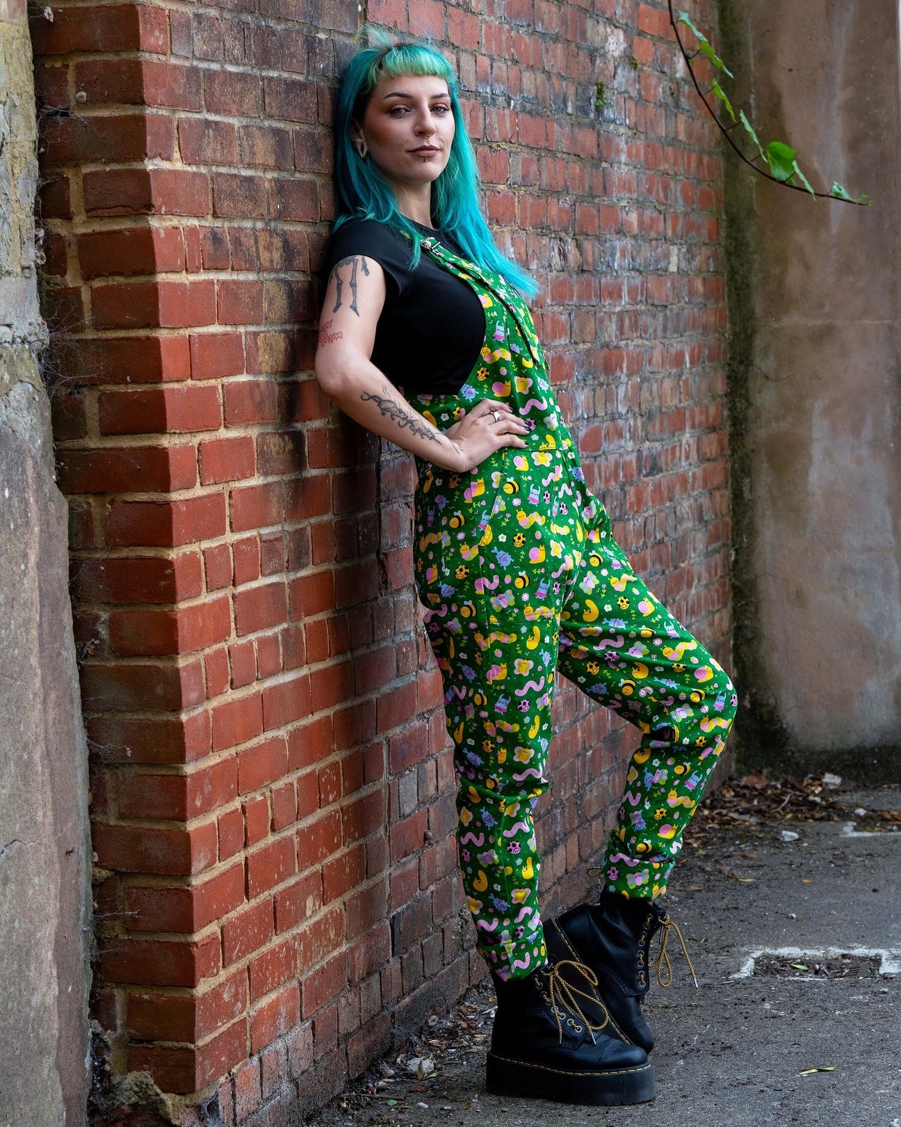 Bugs Print Stretch Cotton Dungarees by Rebel Romance
