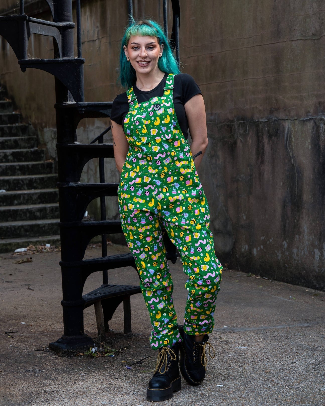 Bugs Print Stretch Cotton Dungarees by Rebel Romance