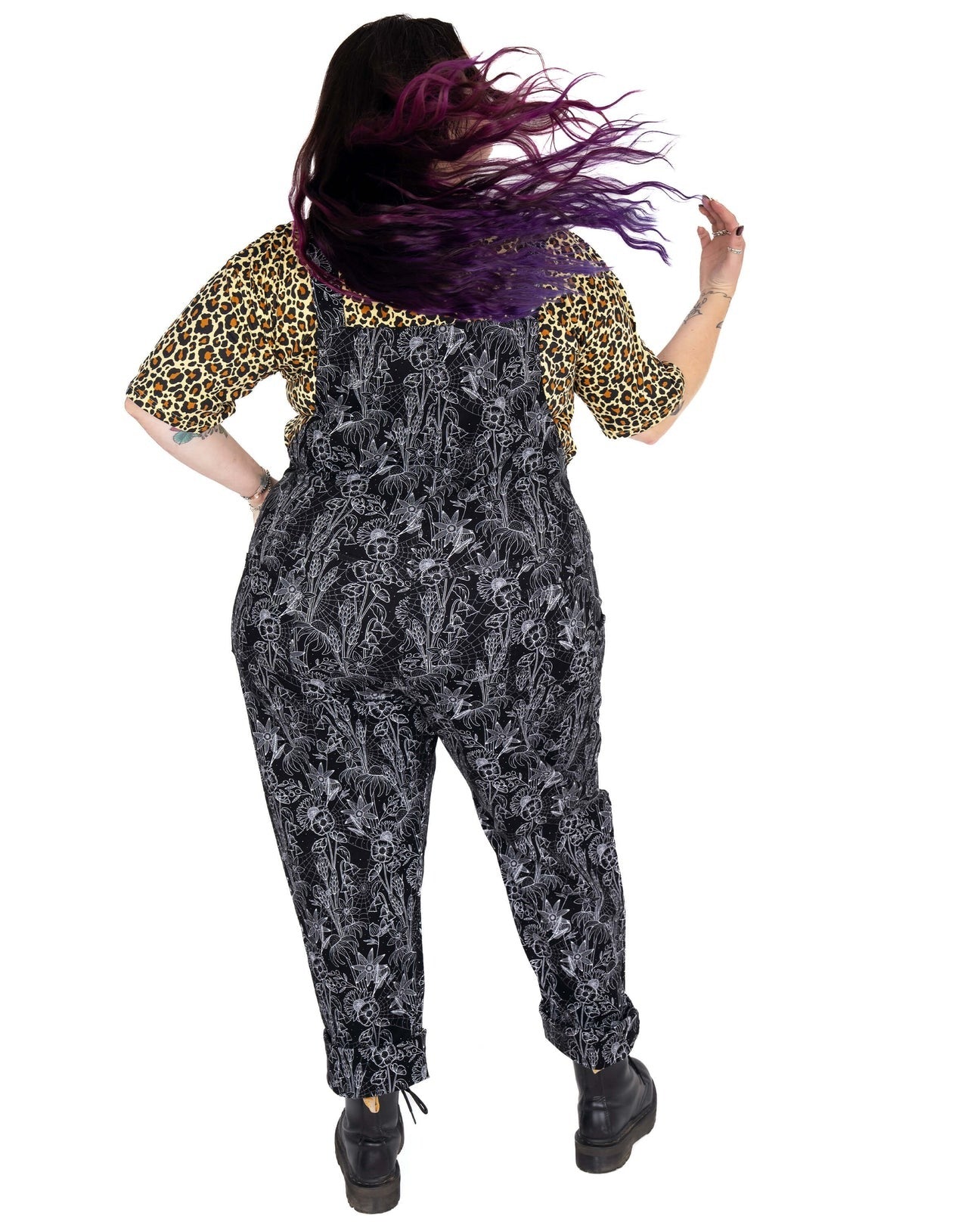 Black Floral Cobweb Print Stretch Cotton Dungarees by Rebel Romance