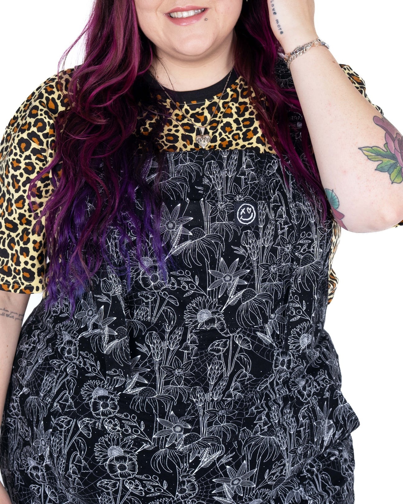 Black Floral Cobweb Print Stretch Cotton Dungarees by Rebel Romance