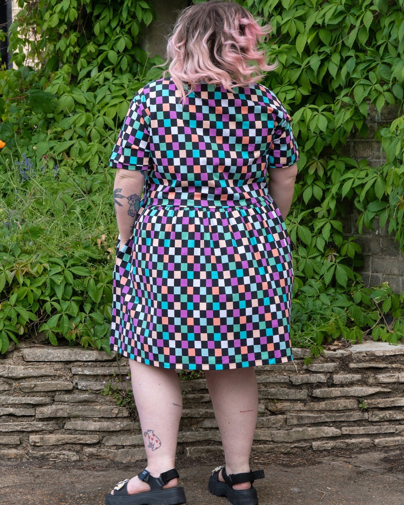 Checkerboard Print Smock Dress with Pockets by Rebel Romance