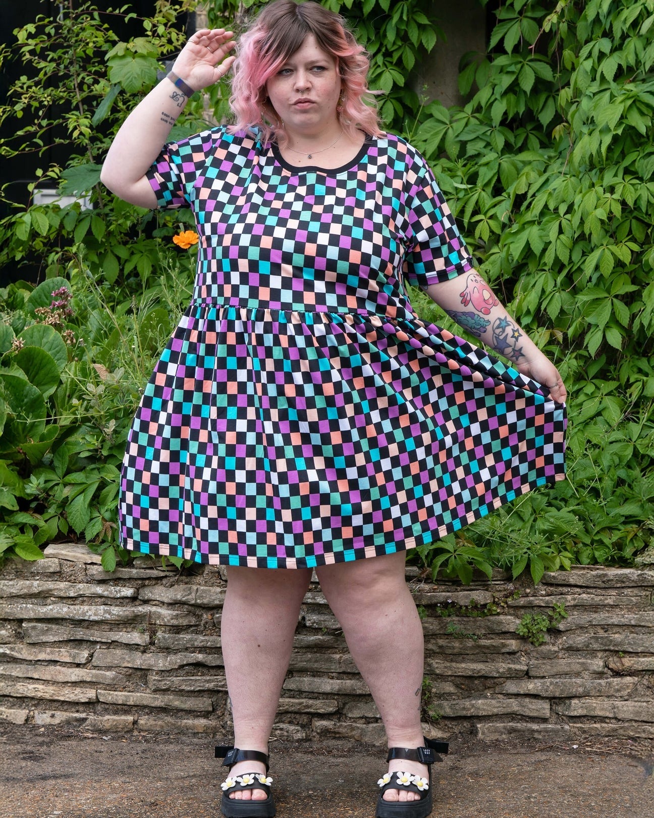 Checkerboard Print Smock Dress with Pockets by Rebel Romance