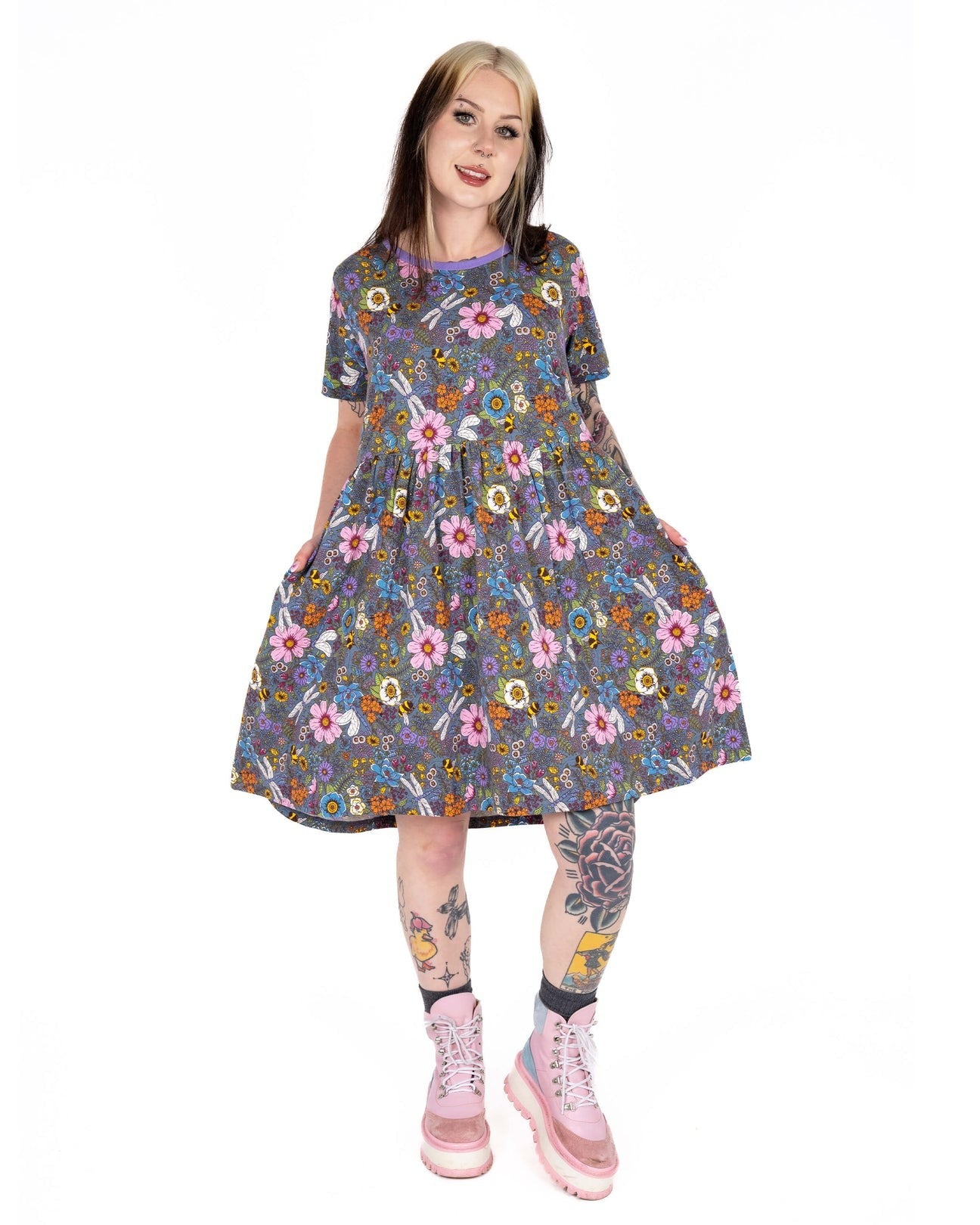 Cottagecore Floral Print Smock Dress with Pockets by Rebel Romance