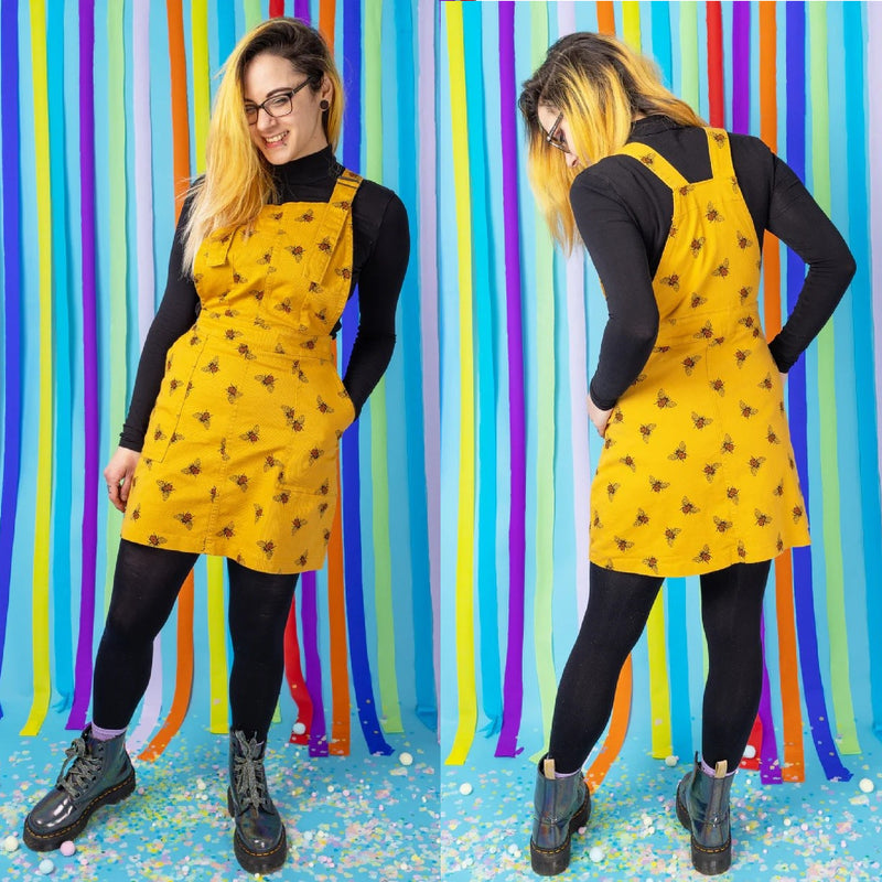 Bee Print Cotton Twill Dungaree Pinafore Dress by Run and Fly in Gold