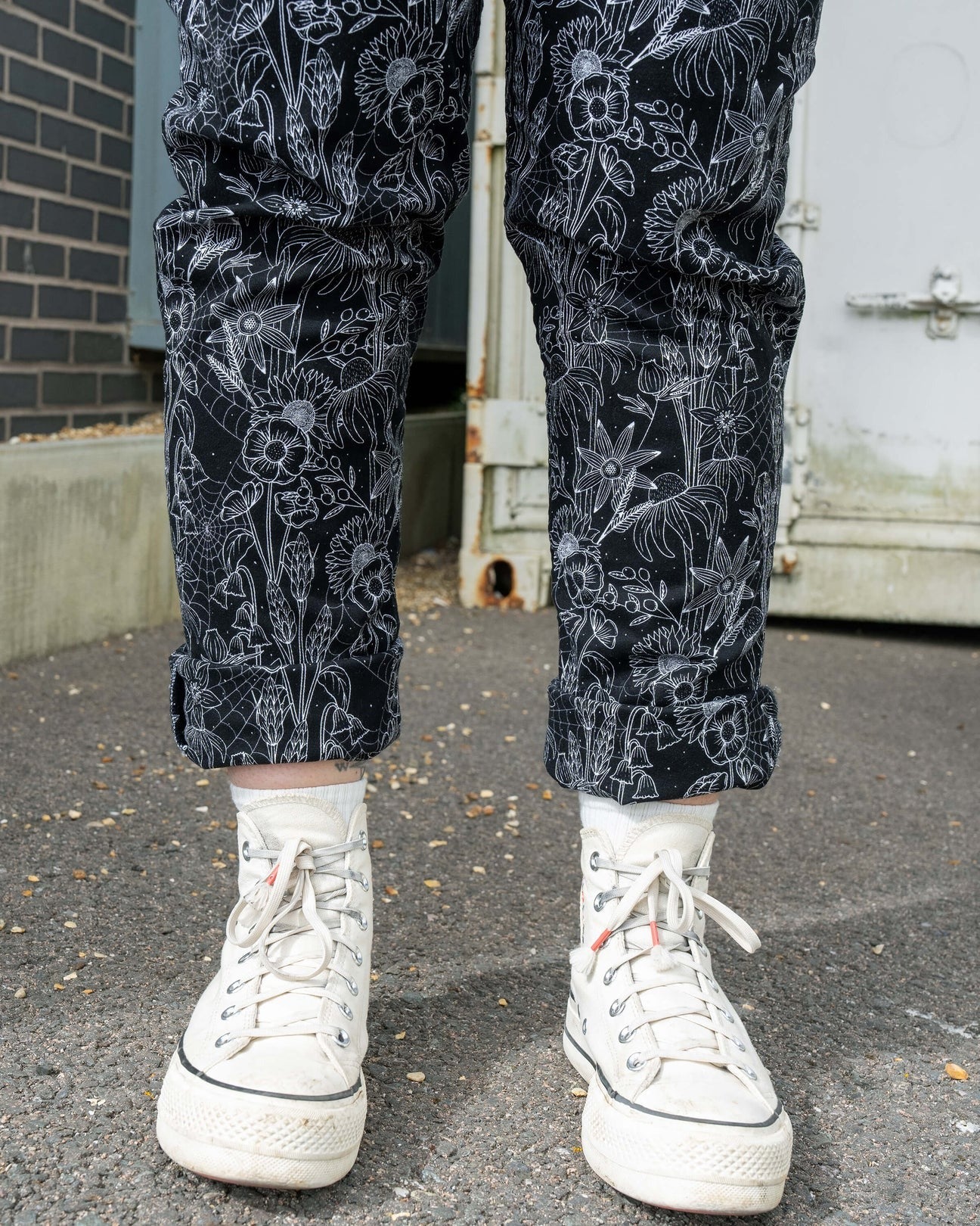 Black Floral Cobweb Print Stretch Cotton Dungarees by Rebel Romance