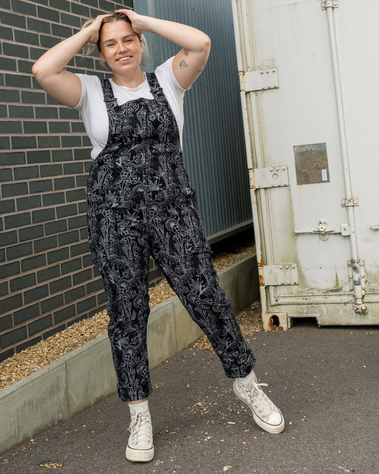 Black Floral Cobweb Print Stretch Cotton Dungarees by Rebel Romance