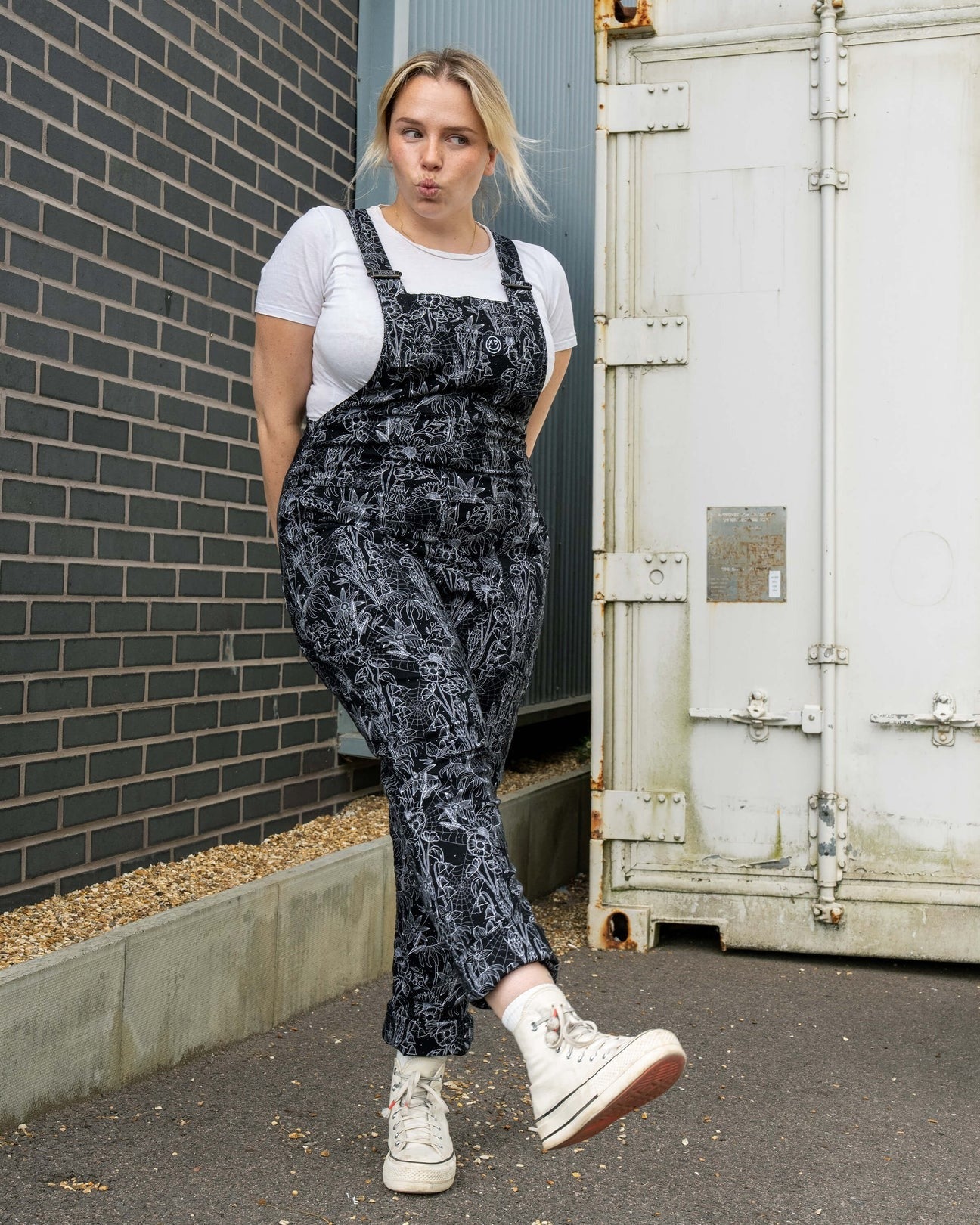 Black Floral Cobweb Print Stretch Cotton Dungarees by Rebel Romance