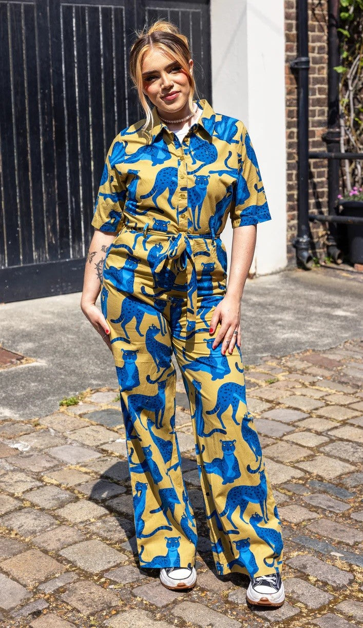 Big Cats Blue Leopard Stretch Cotton Jumpsuit by Run and Fly