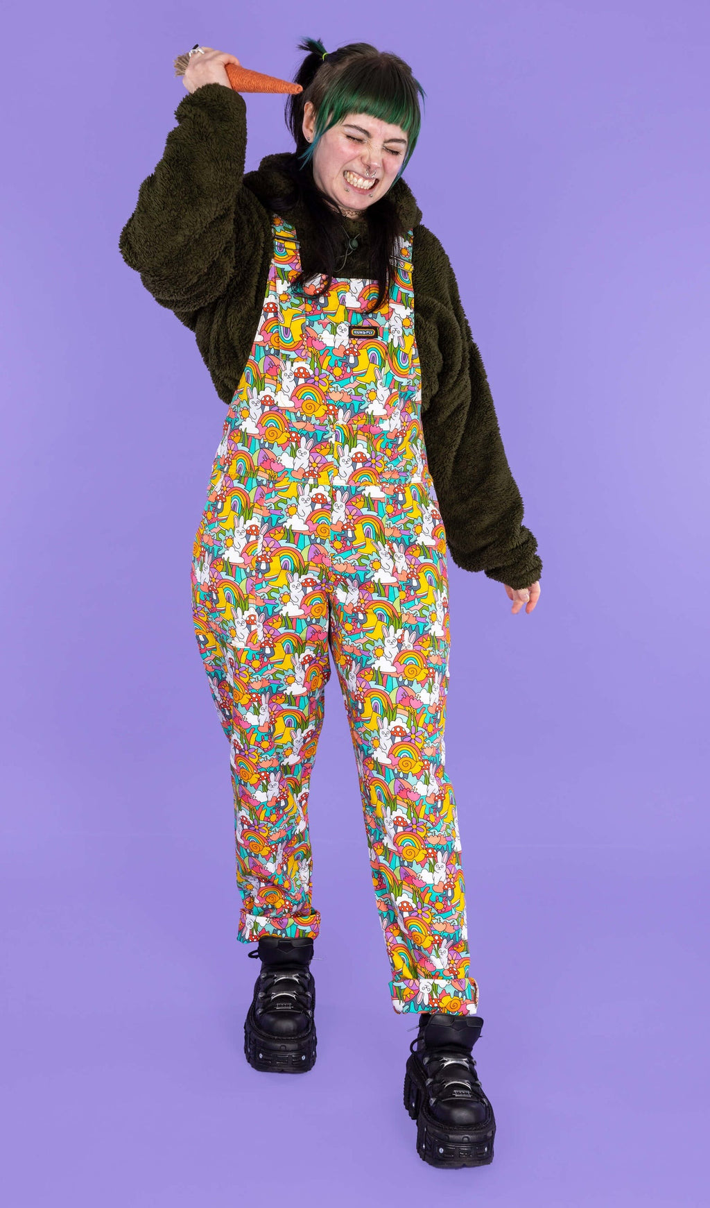 Some Bunny Loves You Print Stretch Twill Cotton Dungarees by Run and Fly