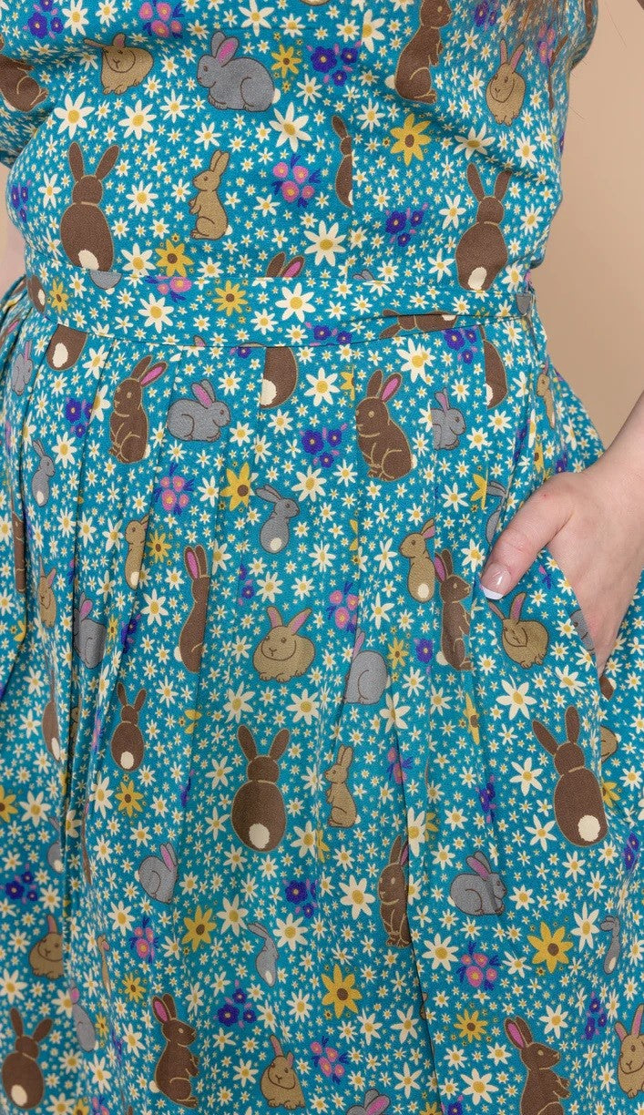Bunny Meadows Print Cotton Tea Dress with Pockets by Run and Fly