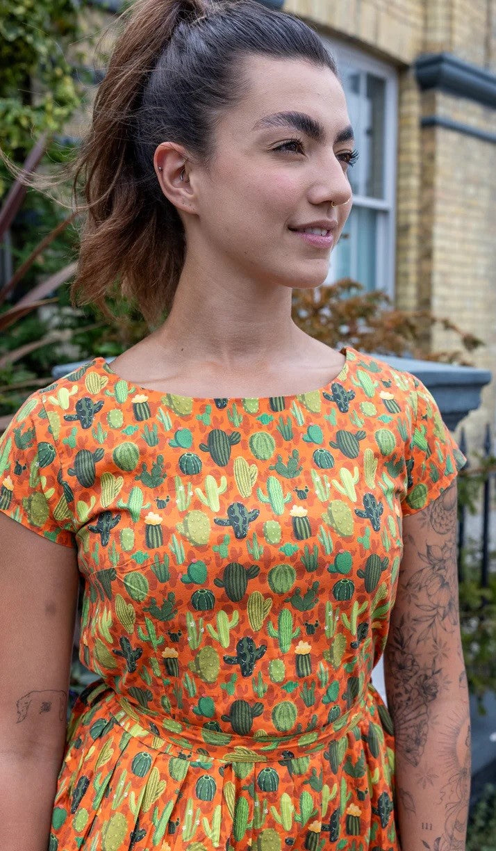 Orange Cactus Print Cotton Tea Dress with Pockets by Run and Fly