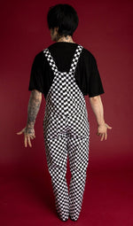 Black and White Checkerboard Print Stretch Twill Cotton Dungarees by Run and Fly