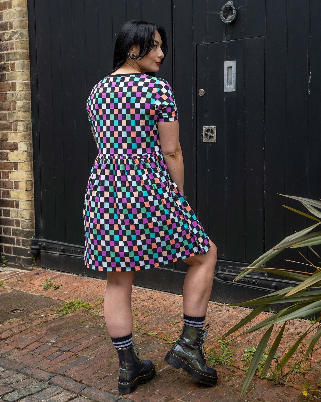 Checkerboard Print Smock Dress with Pockets by Rebel Romance