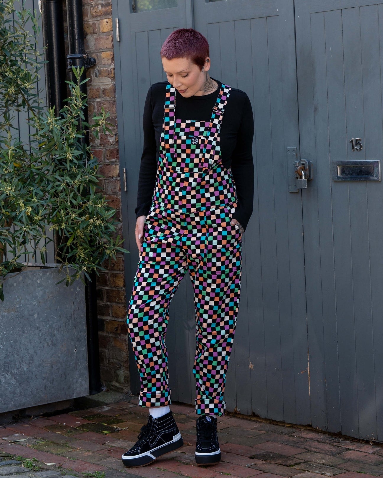 Checkerboard Print Stretch Cotton Dungarees by Rebel Romance