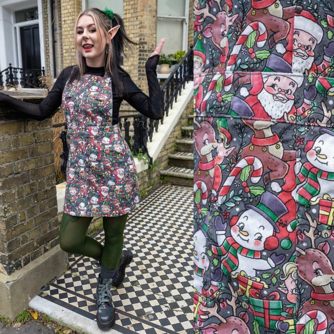 Run and Fly Christmas Cuties Santa Print Pinafore Dress Cat Cute Alt  Colourful  Minimum Mouse