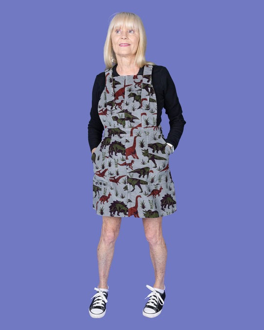 Retro Dinosaur Print Grey Cord Pinafore Dungaree Mini Dress by Run