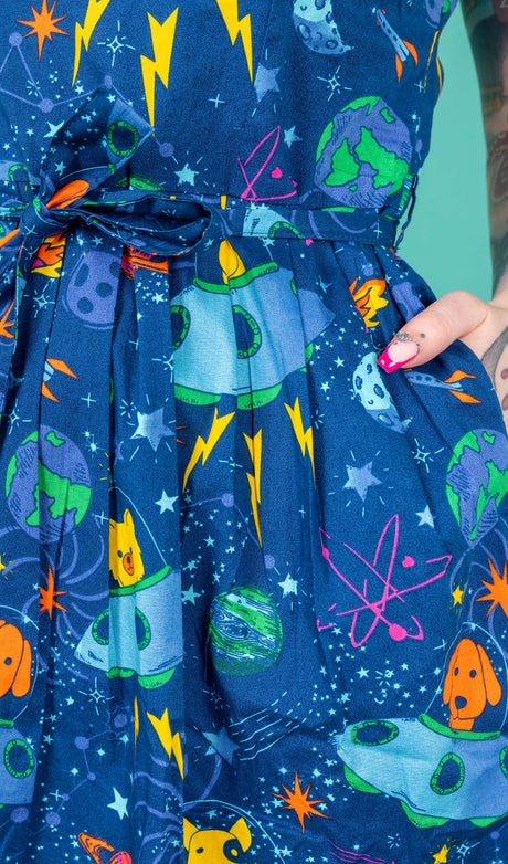 Dogs in Space Print Cotton Tea Dress with Pockets by Run and Fly