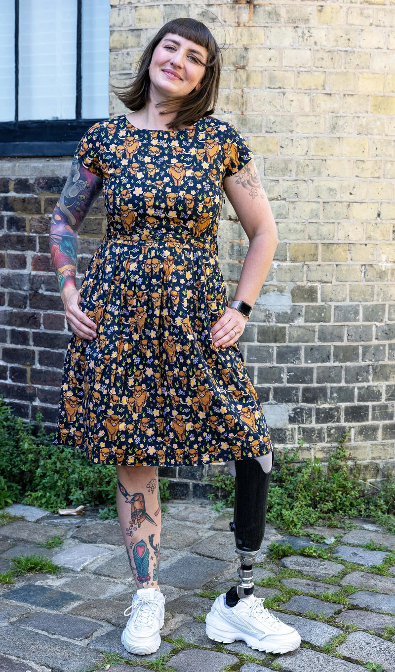 Highland Cow Print Cotton Tea Dress with Pockets by Run and Fly