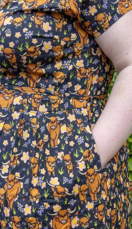 Highland Cow Print Cotton Tea Dress with Pockets by Run and Fly