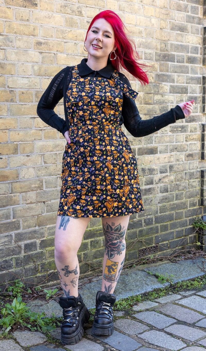 Run and Fly Highland Cow Pinafore Dress Quirky Colourful Alt Minimum Mouse