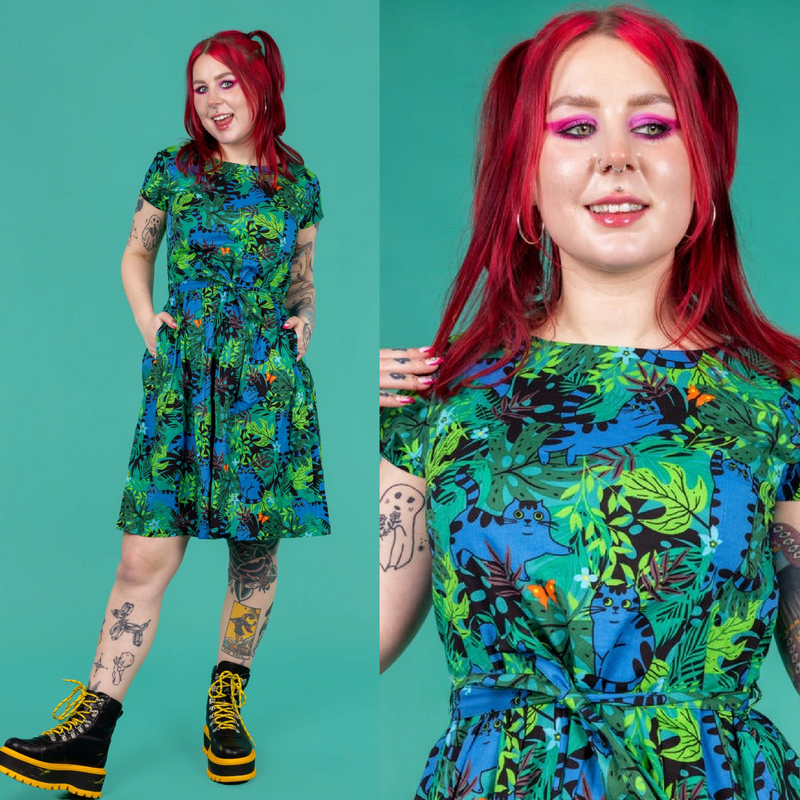 Jungle Cats Print Cotton Tea Dress with Pockets by Run and Fly