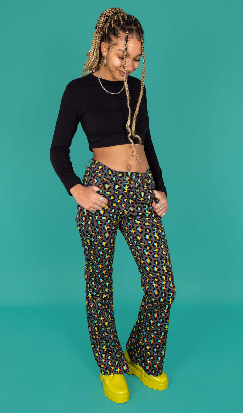 Grey Rainbow Leopard Print Bell Bottom Flares Jeans by Run and Fly