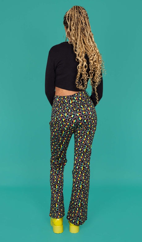 Grey Rainbow Leopard Print Bell Bottom Flares Jeans by Run and Fly