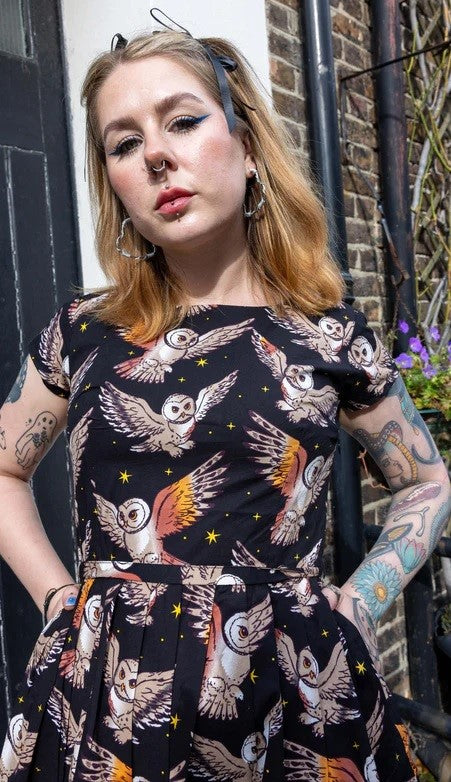 What A Hoot Owl Print Cotton Tea Dress with Pockets by Run and Fly