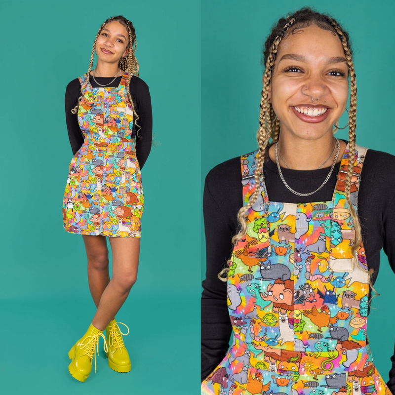 Run and Fly X Katie Abey Weird and Wonderful Print Dungaree Pinafore Dress