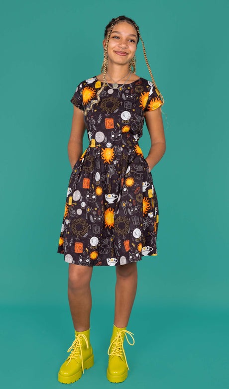Solar Witch Print Cotton Tea Dress with Pockets by Run and Fly X Katie Abey