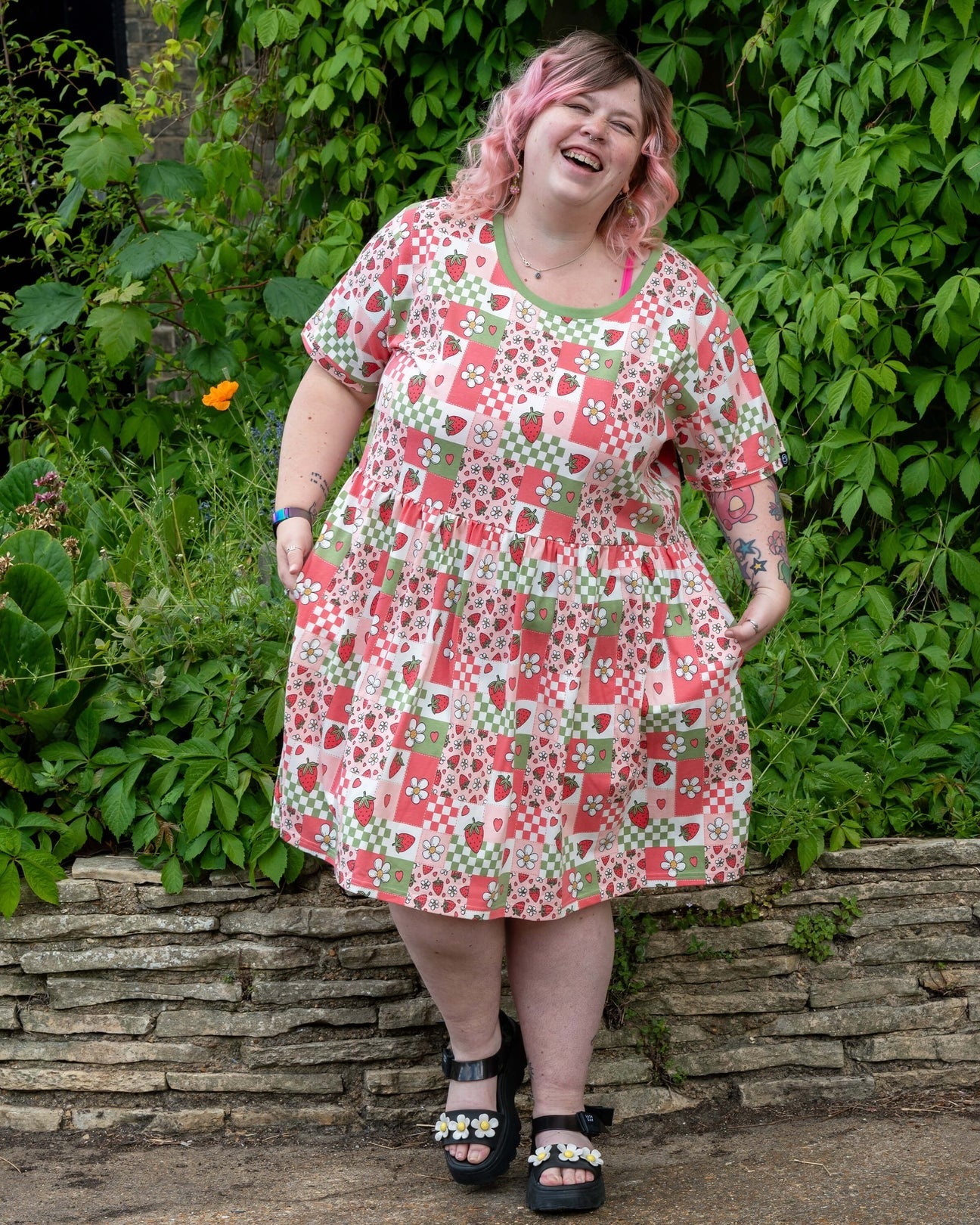 Strawberry Picnic Smock Dress with Pockets by Rebel Romance