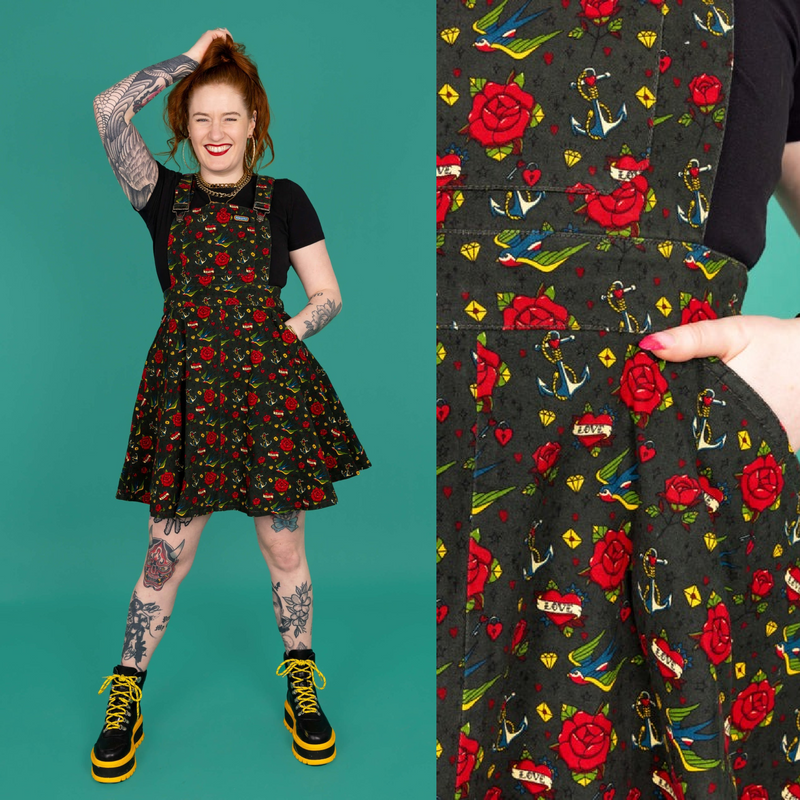 Run and Fly Retro Tattoo Print Flared Pinafore Dress