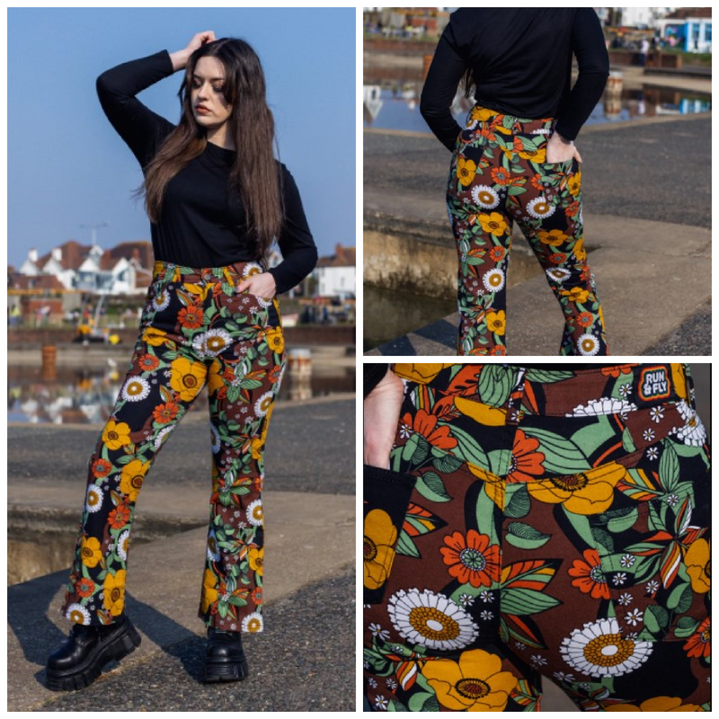 70's Black Floral High Waisted Bell Bottom Flares Jeans by Run and Fly