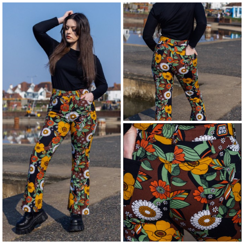 Run and Fly 70's Black Floral Stretch High Waisted Flares Jeans