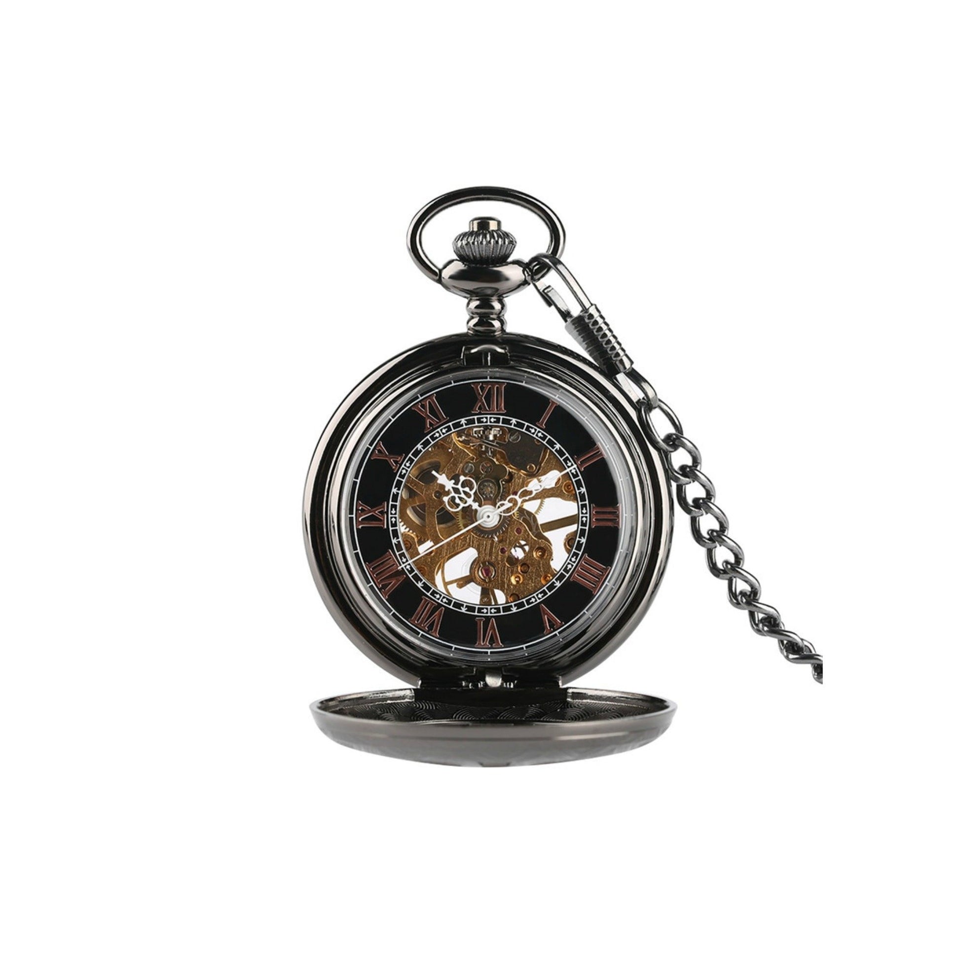 Black Roman Numerals Mechanical Hand Wind Pocket Watch - Minimum Mouse