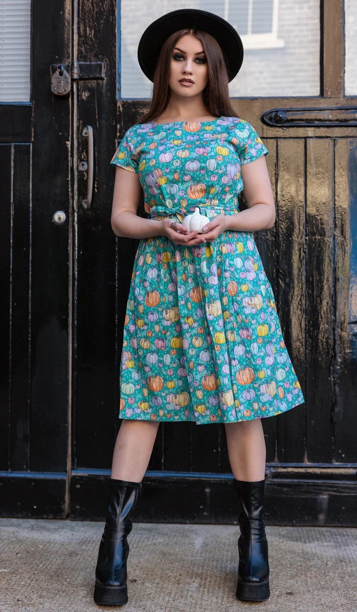 Pumpkin Patch Print Cotton Tea Dress with Pockets by Run and Fly