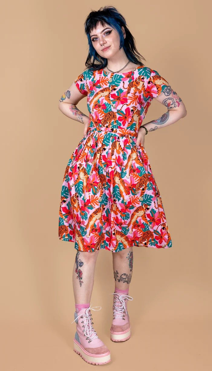 Pink Tiger Lily Print Cotton Tea Dress with Pockets by Run and Fly