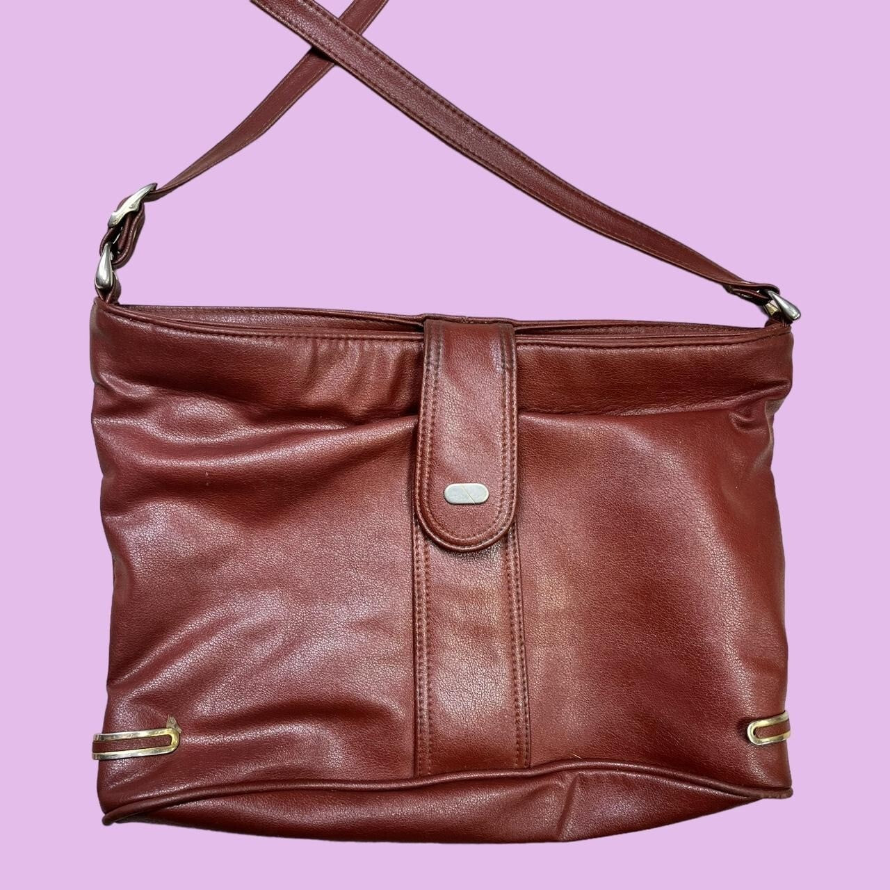 Vintage 80's Brown Faux Leather Shoulder Bag Retro Classic Boho Hippy