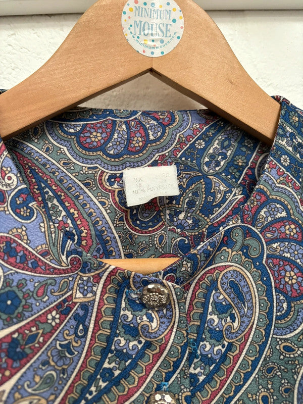 Vintage Dress 16 18 Purple Blue Paisley Pattern Shirt Midi Retro Dark Academia True