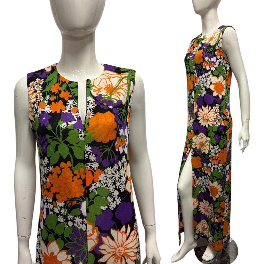 Vintage 60's 70's Maxi Dress 12 14 Bright Floral Hippy Boho Retro True Tropical