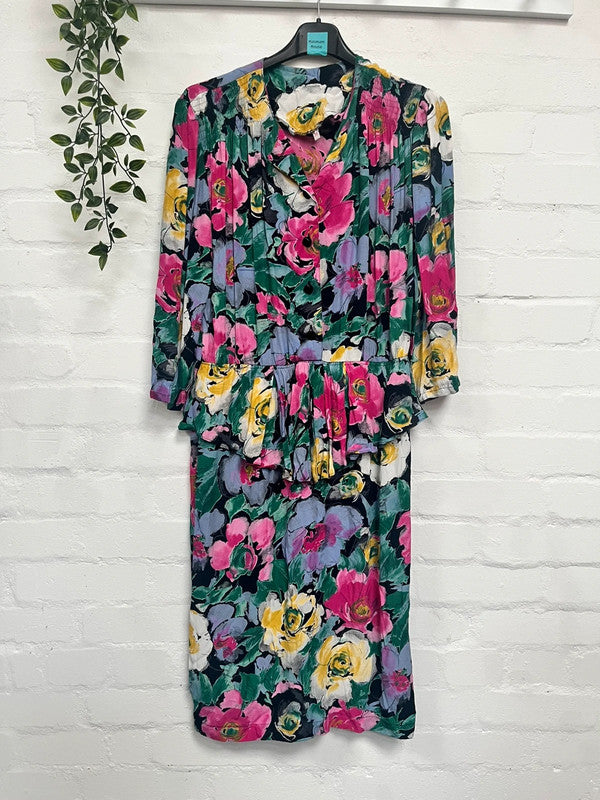 Vintage Dress 12 14 80’s Pink Floral Print Tropical Midi Retro