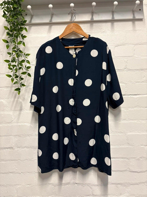 Polka Dot Blouse L XL 16 18 Retro 80’s Vintage Navy White