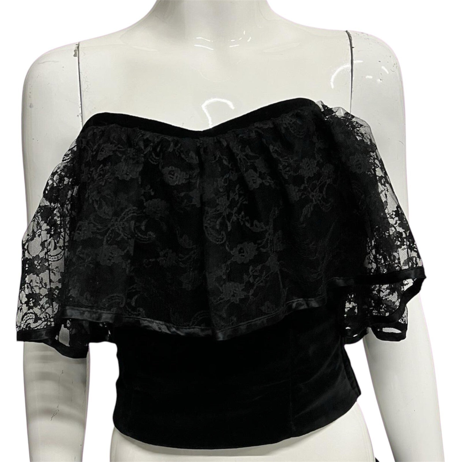 Vintage 80's Corset Top Lace Trim Velvet Black 8-10 Goth Alt Whimsygoth
