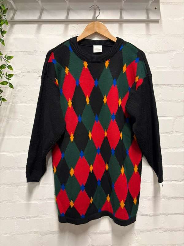 Vintage 80's Jumper L 14 16 Diamond Pattern Bright Crazy Knit Long