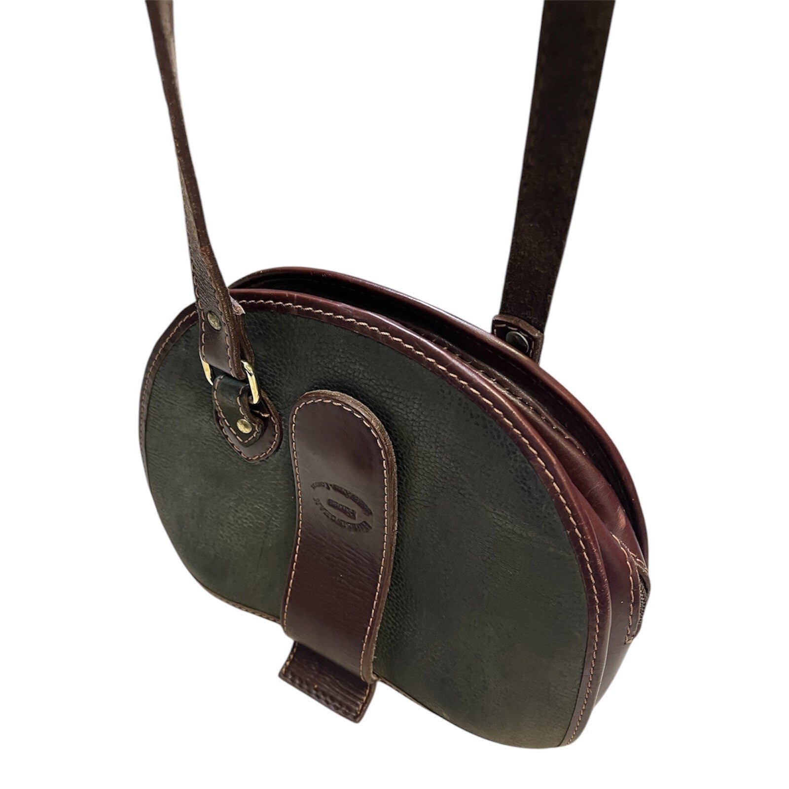 Vintage 80's Leather Shoulder Bag Green Brown Retro Classic Heritage