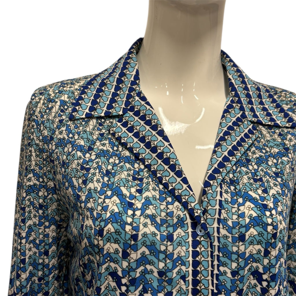 Vintage 60's 70's Dress 14 Blue Patterned Shirt Midi Mod True Retro Geometric