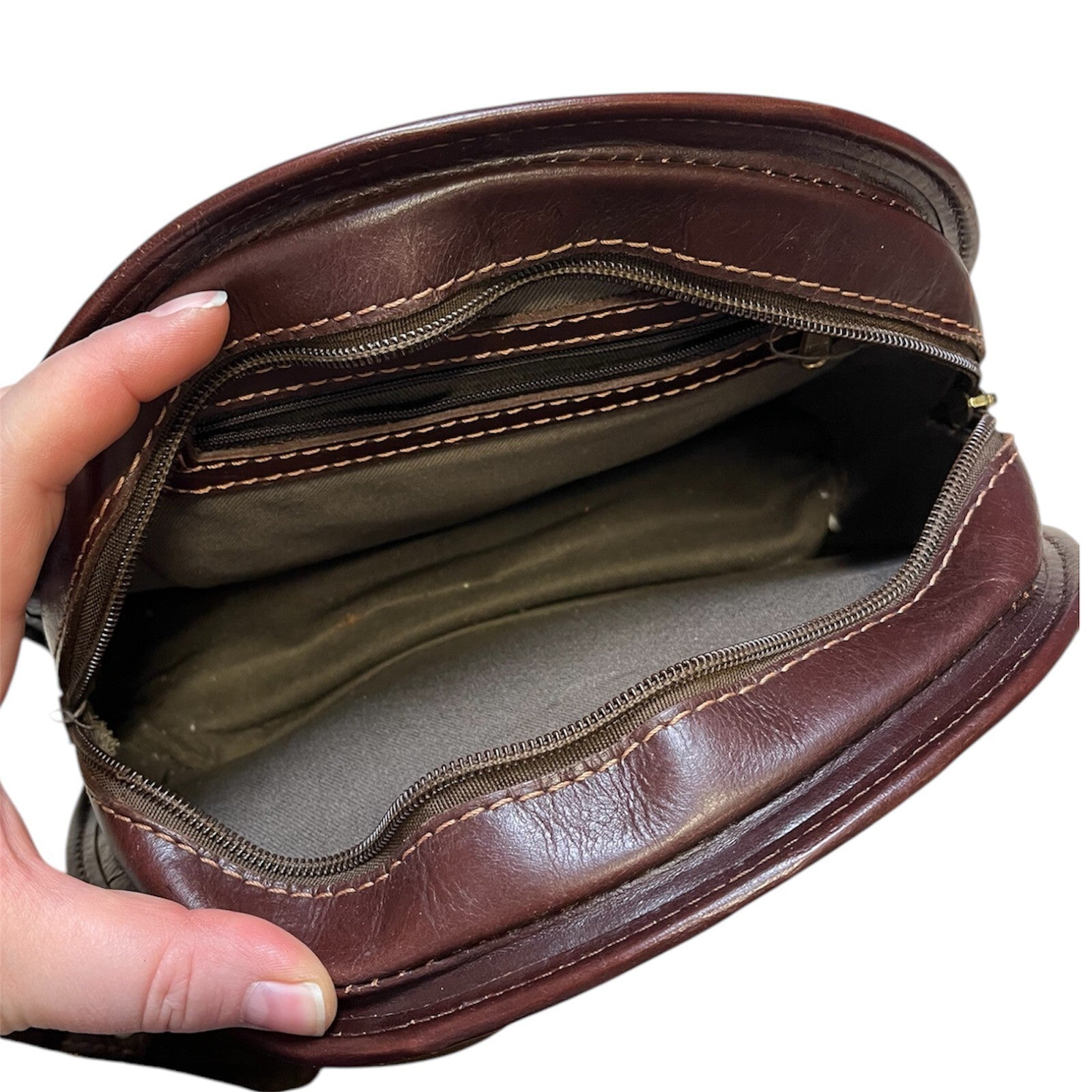 Vintage 80's Leather Shoulder Bag Green Brown Retro Classic Heritage