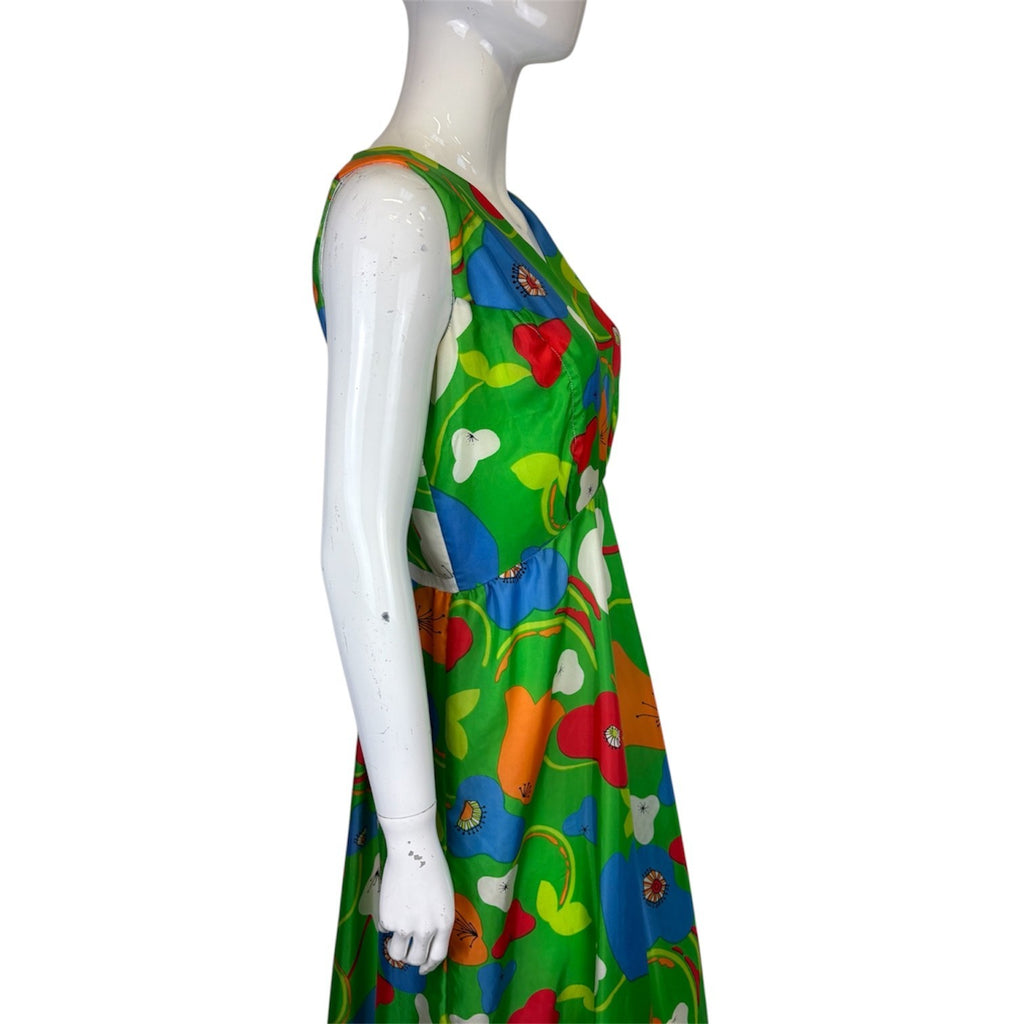 Vintage 60's 70's Midi Dress 8 Green Pear Print Groovy Psych Tropical Party