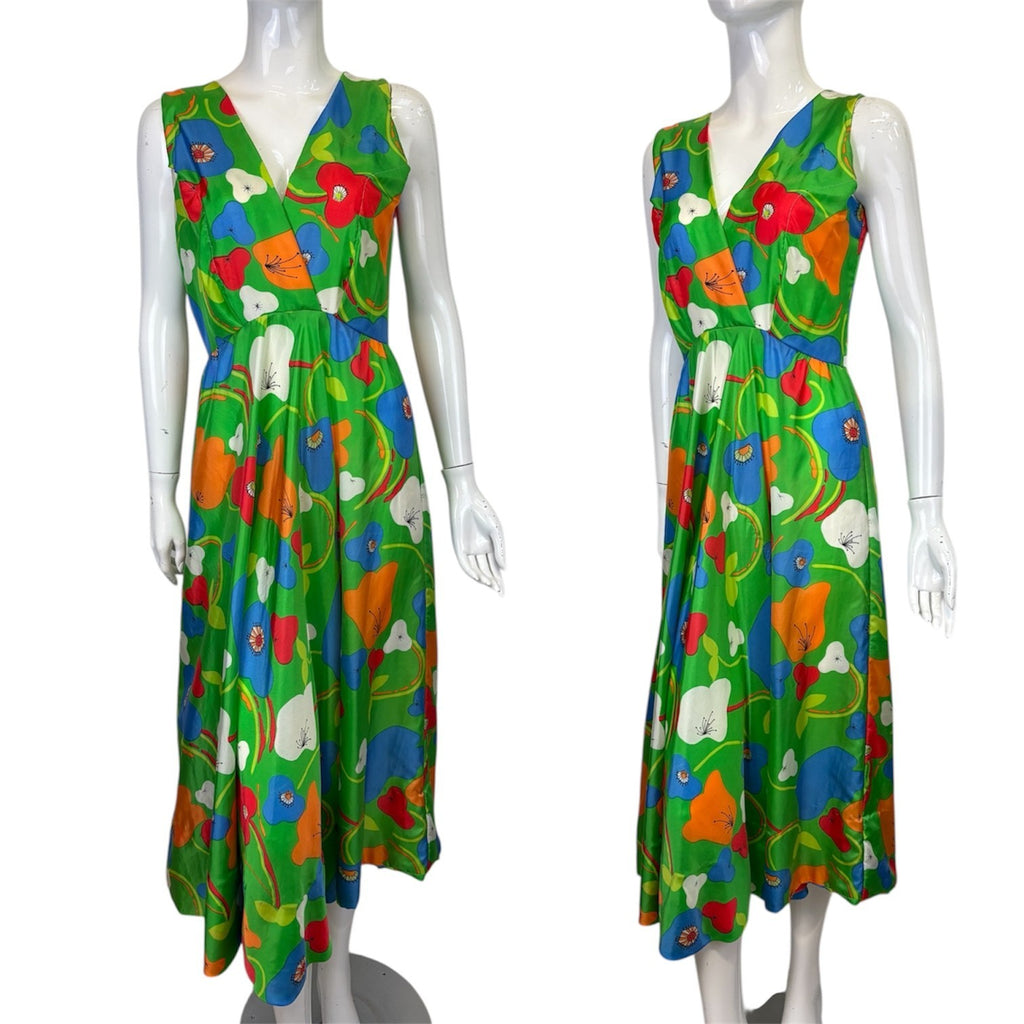 Vintage 60's 70's Midi Dress 8 Green Pear Print Groovy Psych Tropical Party